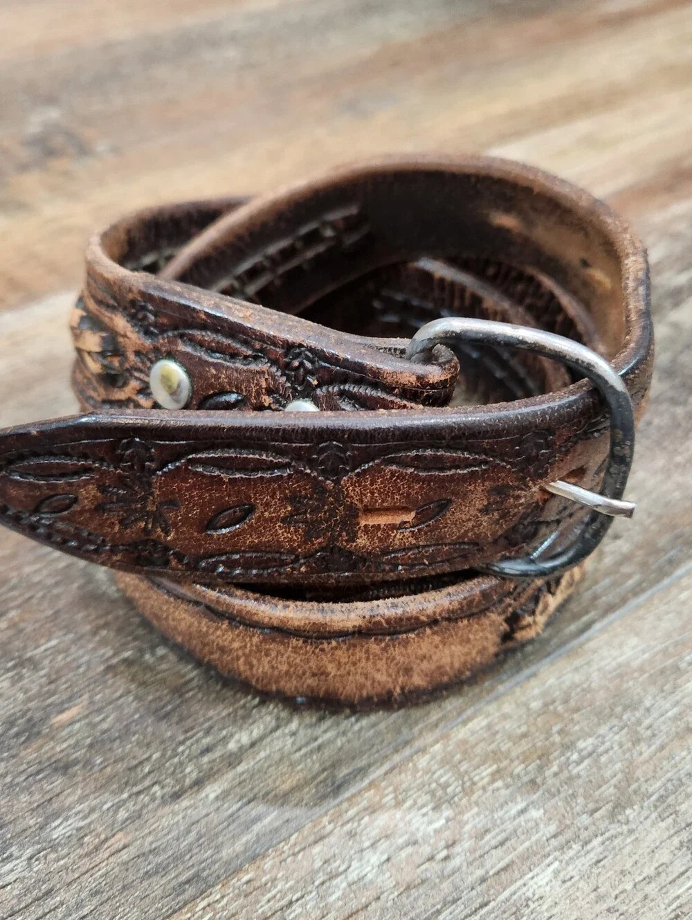 Vintage Distressed Tooled Leather Cowboy Belt Braided Inlay Size 42